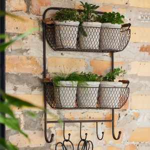 Forrester Vintage Wall Organiser Hook Rack, woven storage basket